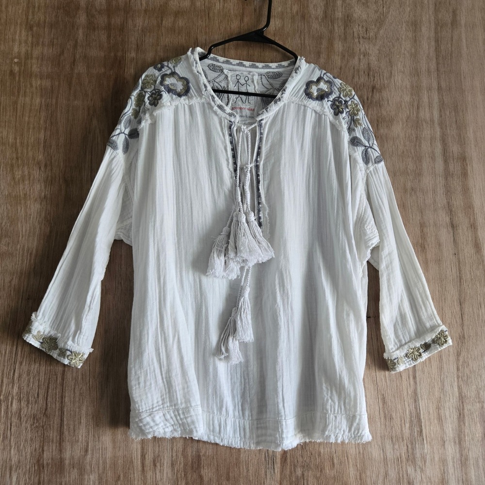 Johnny Was White Gauze Embroidered Tassel Peasant Blouse Top Small Cottagecore
